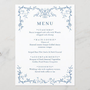 Menu Élégant Mariage victorien Orné Dusty Blue Floral