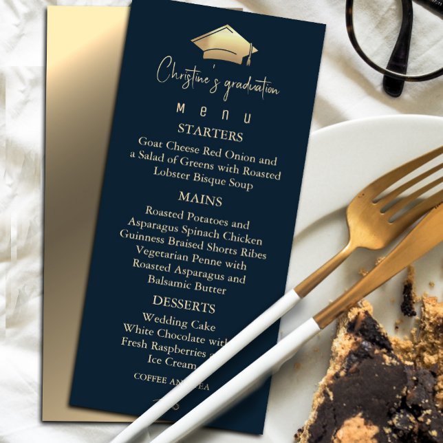Menu Elégant Marine Bleu et Gold Graduation (Elegant Navy Blue and Gold Graduation Menu #graduationmenu #dinner #graduate)