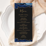 Menu Elégant Marine Blue Gold Agate Dark Mariage<br><div class="desc">Ce menu mariage moderne et élégant présente des bordures de haut et de bas de l'agate bleu marine d'aquarelle ornée d'une fausse parties scintillant dorée. Le texte apparaît dans une élégante écriture manuscrite de couleur or, des polices italique et cuivre sur un arrière - plan noir ardoise. La conception de...</div>