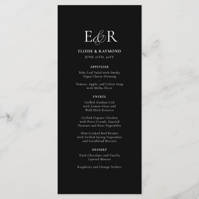 Menu Élégant minimaliste Monogramme Mariage noir (Devant)