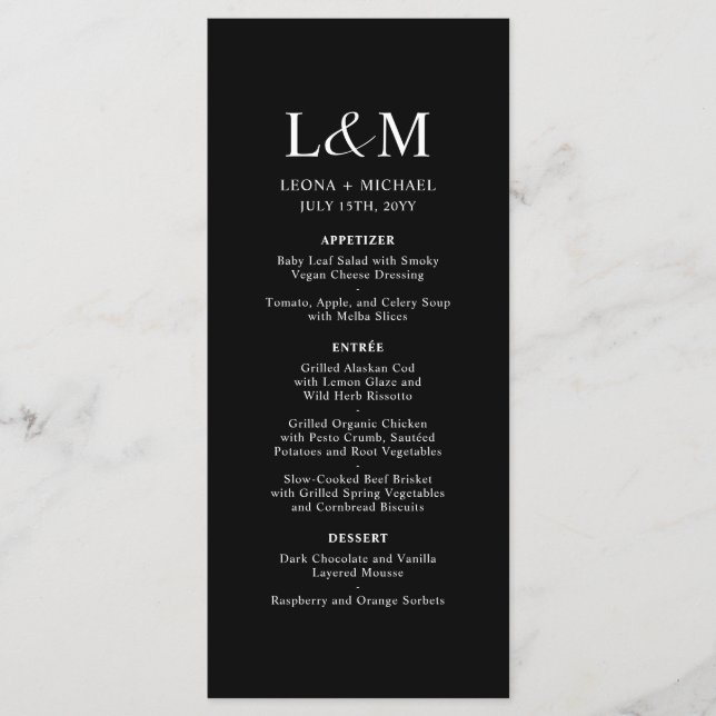 Menu Élégant minimaliste Monogramme Mariage noir (Devant)