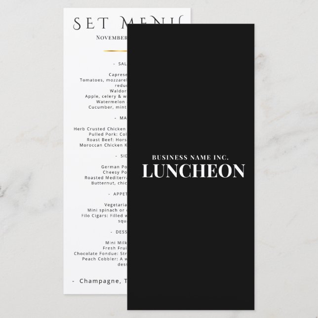 Menu Élégant Minimaliste Noir Blanc Entreprise (Devant / Derrière)