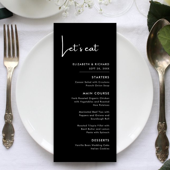 Menu Élégant & Moderne Mariage en noir et blanc Let's e (Elegant modern black and white lets eat wedding menu adds charm while guiding your meal)
