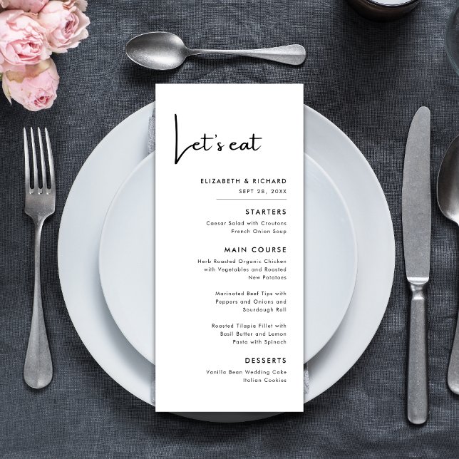 Menu Élégant & Moderne Mariage en noir et blanc Let's e (Elegant modern black and white lets eat wedding menu adds charm while guiding your meal flow)