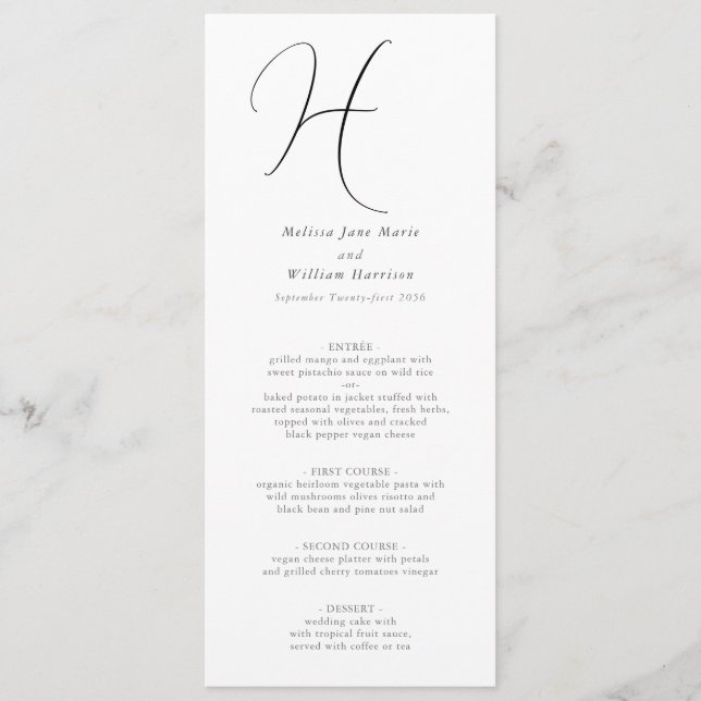 Menu Élégant Monogramme Chic Classique Mariage Noir Bla (Devant)