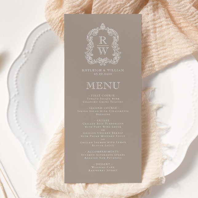 Menu Élégant Monogramme Crête Taupe Mariage (Créateur téléchargé)