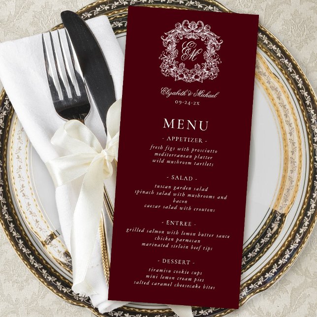 Menu Élégant Monogramme de Blason Formel Mariage Bourgo (Créateur téléchargé)