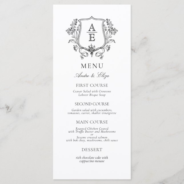 Menu Élégant Monogramme de crête noire et blanche (Devant)