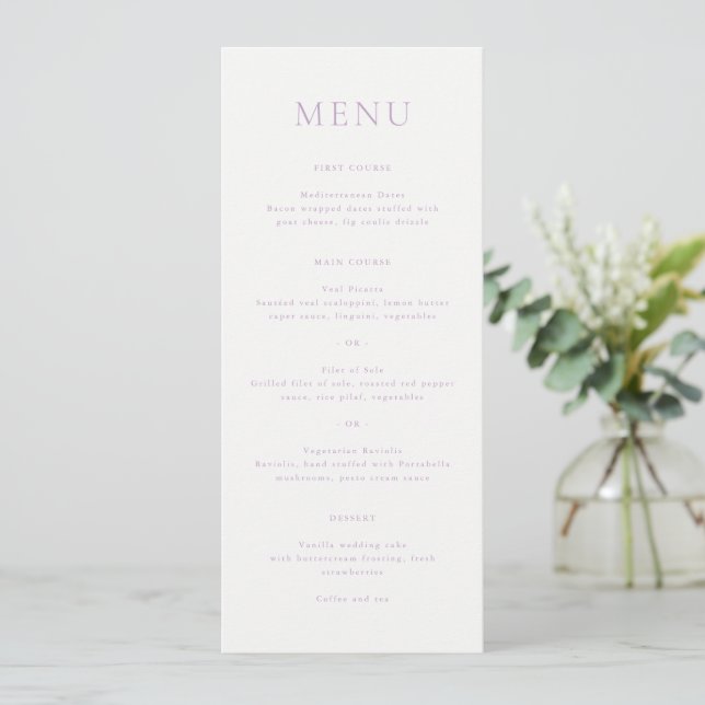 Menu Élégant monogramme de mariage en écriture lilas (Debout devant)