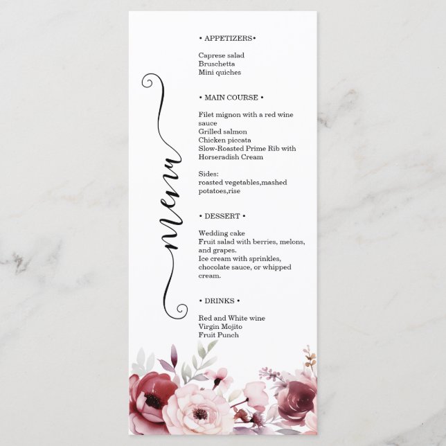 Menu Élégant Monogramme Floral Mariage Double Face  (Devant)