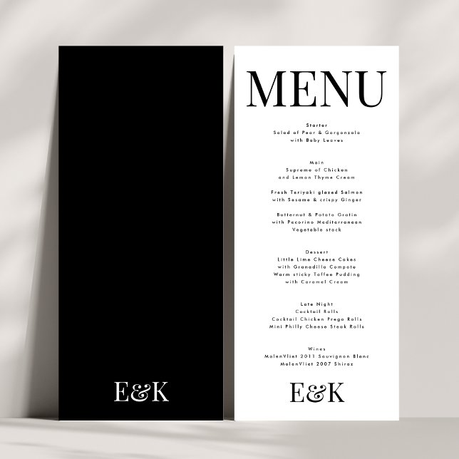 Menu Élégant Monogramme noir blanc Mariage GRAND (Créateur téléchargé)