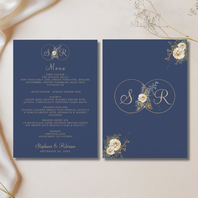 Menu Élégant Monogramme or Floral Marine Mariage bleu (Créateur téléchargé)