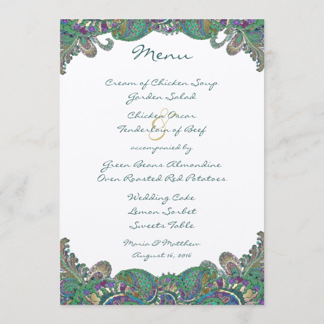 Menu Élégant Monogramme Paisley Paon Couleurs Mariage (Dos)