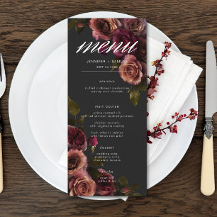 Menu Elégant Moody Muted Rust & Burgundy Floral Mariage