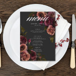 Menu Elégant Moody Muted Rust & Burgundy Floral Mariage<br><div class="desc">Offrez-vous une élégance intemporelle pour vos fêtes d'inspiration gothique avec notre menu captivant petit mariage carte. Un arrière - plan noir doux est la toile parfaite pour un bouquet captivant mais sobre. Imaginez un coin de fleurs roses muettes, où la rouille douce rouille et les riches teintes bordeaux se mêlent...</div>