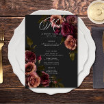 Menu Elégant Moody Muted Rust & Burgundy Floral Mariage<br><div class="desc">Offrez-vous une élégance intemporelle pour vos fêtes d'inspiration gothique avec notre menu captivant petit mariage carte. Un arrière - plan noir doux est la toile parfaite pour un bouquet captivant mais sobre. Imaginez un coin de fleurs roses muettes, où la rouille douce rouille et les riches teintes bordeaux se mêlent...</div>