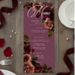 Menu Elegant Moody Soft Rust & Burgundy Floral Wedding<br><div class="desc">Embrace timeless elegance for your gothic-inspired celebration with our captivating long wedding menu. A soft burgundy background provides the perfect canvas for a captivating, yet understated bouquet. Imagine a corner arrangement of muted rose blooms, where soft rust blush and rich burgundy hues mingle with dark green foliage. This ethereal design...</div>