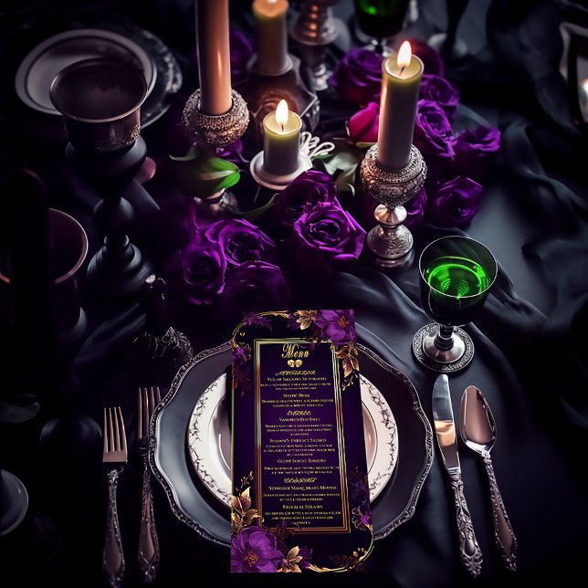 Menu Élégant mystique gothique violet et Mariage d'or (Elegant Vintage Gothic Purple and Gold Stylish Moody Wedding Menu)