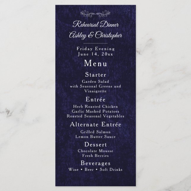 Menu Elegant Navy Blue White Rehearsal Dinner (Devant)