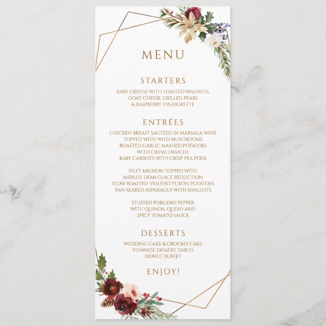 Menu Élégant Noël Mariage Hiver Bourgogne Or (Devant)