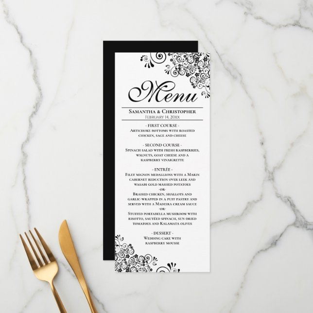 Menu Elégant noir & blanc Coins décoratifs Mariage (Devant/Arrière en situation)