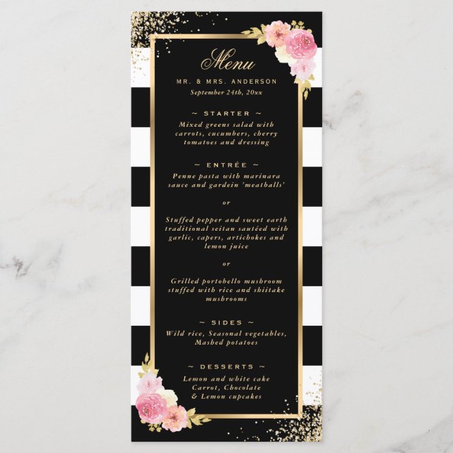 Menu Élégant Noir Confetti Mariage Floral rose (Devant)