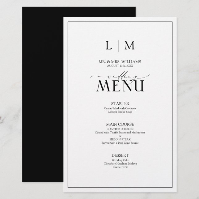 Menu Élégant noir et blanc Calligraphie Monogramme (Devant / Derrière)