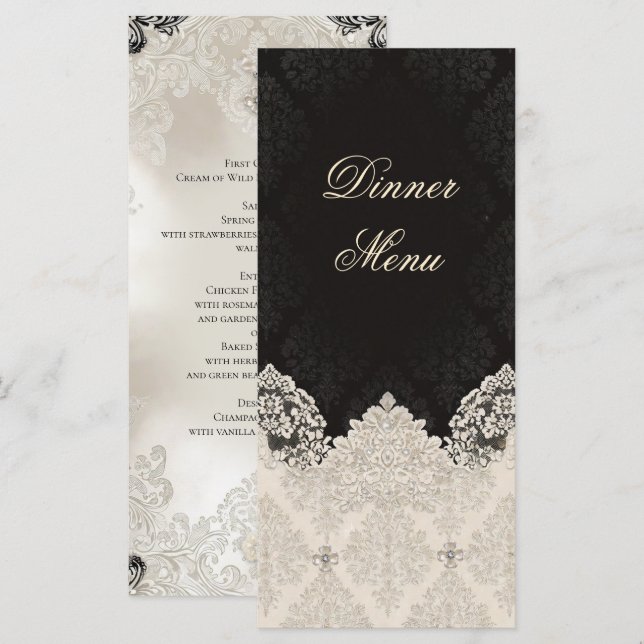 Menu élégant noir et blanc en dentelle pour le dîn (Devant / Derrière)