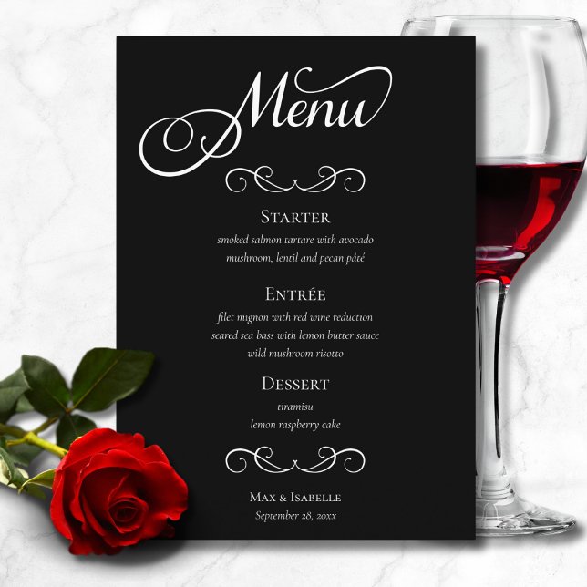 Menu Élégant noir et blanc Mariage de script de calligr (chic elegant black and white script calligraphy wedding dinner menu, engagement party menu)