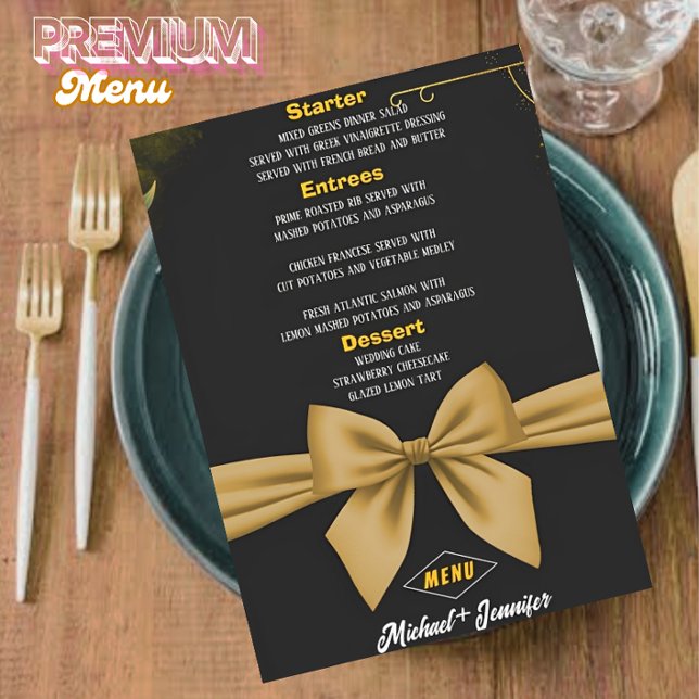 Menu Elégant Noir et Bow Gold Mariage personnalisable (Créateur téléchargé)