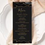 Menu Élégant noir et or Agate Mariage foncé<br><div class="desc">Ce menu mariage moderne et élégant présente des bordures de haut et de bas de l'agate d'aquarelle noire, égayée de parties scintillant en faux or. Le texte apparaît dans une élégante écriture manuscrite de couleur or, des polices italique et cuivre sur un arrière - plan noir ardoise. La conception de...</div>