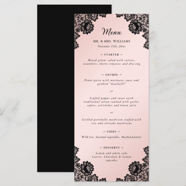 Menu Elegant noir et rose Floral Lace Wedding (Devant / Derrière)