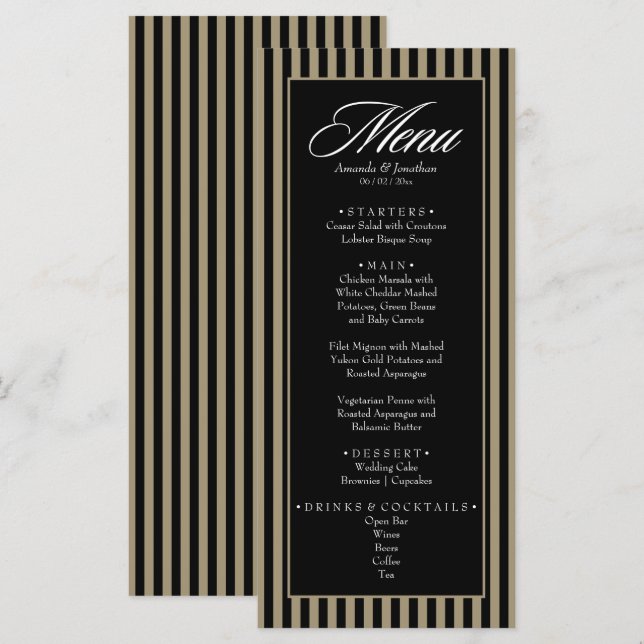 Menu Élégant noir et vert Mariage de bandes verticales (Devant / Derrière)