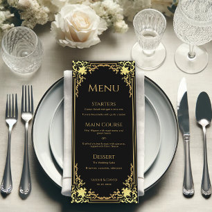 Menu Elégant Noir Faux Or Foil Vintage Mariage