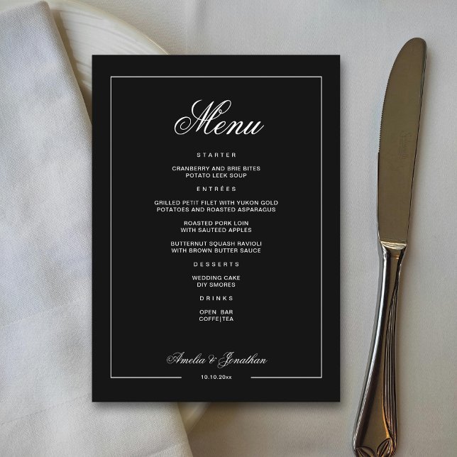 Menu Elégant Noir foncé Romantique Mariage d'hiver (Créateur téléchargé)