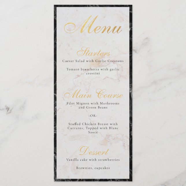 Menu Élégant noir marbre blanc Faux or Foil Script (Devant)