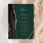 Menu Élégant noir Or Agate Mariage vert foncé<br><div class="desc">Le bord gauche de cet élégant menu mariage moderne comporte une bordure en aquarelle noire ornée d'une parties scintillant en faux or. Le texte personnalisable combine écriture manuscrite couleur or et polices de cuivre sur un arrière - plan vert émeraude foncé. Le dos est assorti d'un design d'agate noir et...</div>