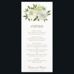 Menu Élégant or blanc Floral Mariage moderne<br><div class="desc">Élégante carte de mariage floraux avec des fleurs aquarelles peintes dans des tons neutres d'ivoire, de blanc et de champagne, avec un peu de verdure. Tout le texte est dans un ton doré avec l'en-tête dans le script. Le bas a vos noms et date mariage. Ce menu mariage sophistiqué est...</div>