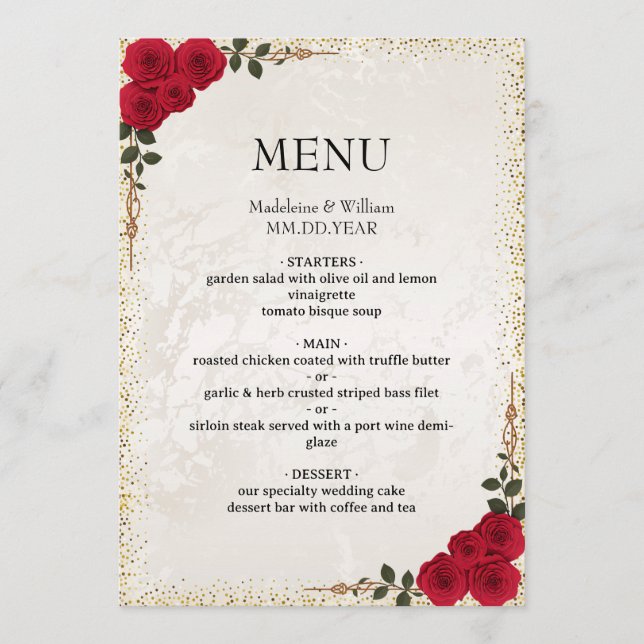 Menu Elégant or Romantique Roses Rouge Mariage (Devant)