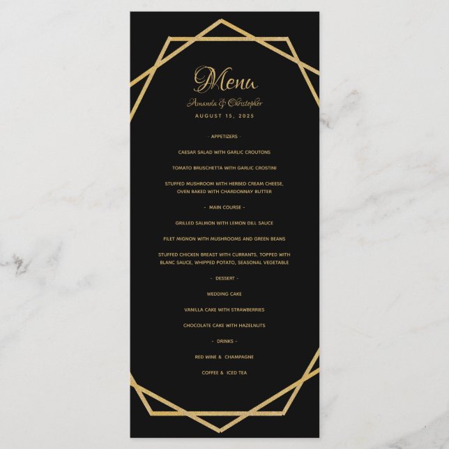 Menu Elégant or sur Mariage géométrique moderne noir (Devant)