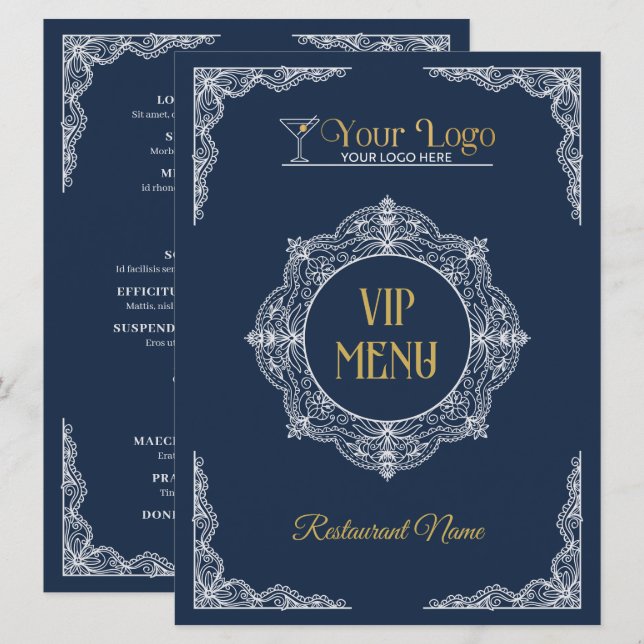 Menu Élégant Orné Dessiné à la Main Votre Logo VIP (Devant / Derrière)