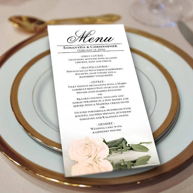 Menu Élégant Pale Peach Rose Réflexions Mariage (In Situ on Plate)
