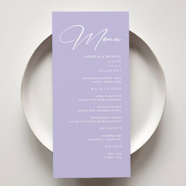 Menu Élégant Pastel Purple Lavender Mariage (Créateur téléchargé)