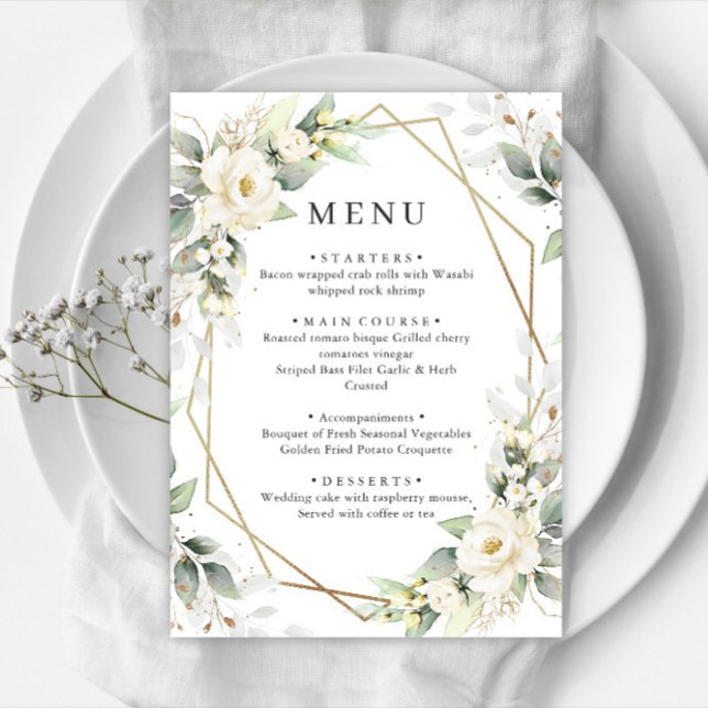 Menu Elégant Pastel White Roses Eucalyptus Mariage (Créateur téléchargé)
