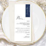 Menu élégant personnalisé avec nom de l'invité pou<br><div class="desc">Pourquoi dépenser pour des cartons de placement et des menus lorsque vous pouvez avoir un menu élégant tout-en-un personnalisé avec le nom de chaque invité ! Design contemporain, simple et élégant avec une belle calligraphie manuscrite moderne. Rayure dans le coin supérieur droit en ton bleu marine avec le nom de...</div>