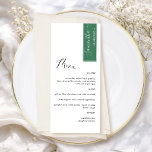 Menu élégant personnalisé en vert avec le nom de l<br><div class="desc">Pourquoi dépenser pour des cartons de placement et des menus quand vous pouvez avoir un menu élégant tout-en-un personnalisé avec le nom de chaque invité ! Design contemporain, simple et élégant avec une belle calligraphie manuscrite moderne. Une bande verte dans le coin supérieur droit avec le nom de l'invité en...</div>