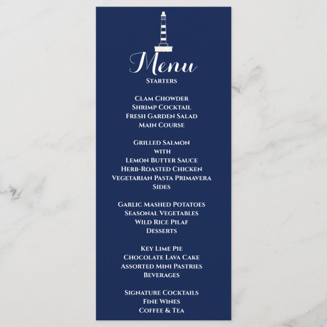 Menu Elégant phare Mariage nautique blanc & bleu (Devant)