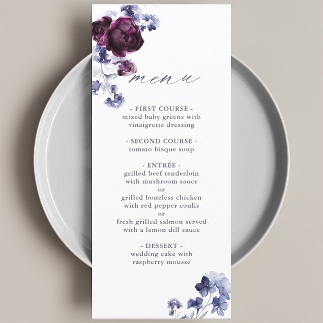 Menu Élégant Plum violet & Indigo Mariage Floral bleu (Créateur téléchargé)