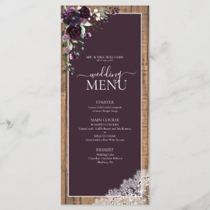Menu Élégant Plum violet rustique Mariage Script