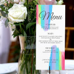 Menu Elégant Rainbow Watercolor LGBTQ Dîner Mariage<br><div class="desc">Belle aquarelle arc-en-ciel menu dîner mariage avec de jolies touches de peinture artistique pleine de couleurs vives pour un événement LGBTQ. L'élégant script cursif violet donne une jolie pop de couleur au menu de la réception classe. Ajoutez vos entrées, plats et desserts et personnalisez avec votre nom et votre date...</div>